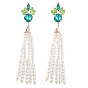 ( green)earrings occidental style exaggerating Alloy diamond flowers long style imitate Pearl tassel earrings woman sup