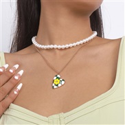 (gold +green ) personality Pearl Double layer chain  enamel love flowers embed sweet woman necklace