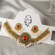 (E5711 6)occidental style embed Pearl sequin retro necklace set earrings personality color earrings chain