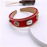 ( red)Korean style brief pure color width Headband Cloth geometry pattern Pearl Rhinestone gold chain Headband woman