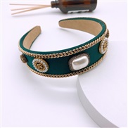 ( green)Korean style brief pure color width Headband Cloth geometry pattern Pearl Rhinestone gold chain Headband woman