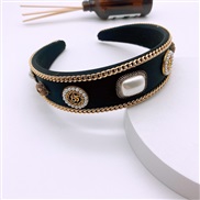 ( black)Korean style brief pure color width Headband Cloth geometry pattern Pearl Rhinestone gold chain Headband woman