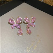 ( Silver needle  Pink)silver diamond butterfly drop earrings Japan and Korea woman wind ear stud temperament earring fa