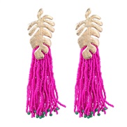 ( rose Red)occidental style Alloy leaves long style beads tassel earrings woman retro Bohemia ethnic style arring