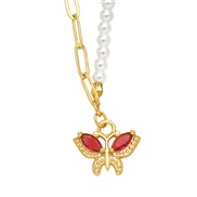 ( rose Red)ins wind Pearl necklace woman all-Purpose samll high clavicle chain butterfly pendantnkb