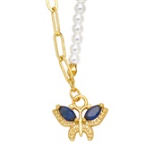 ( Dark blue)ins wind Pearl necklace woman all-Purpose samll high clavicle chain butterfly pendantnkb