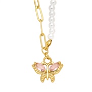 ( Pink)ins wind Pearl necklace woman all-Purpose samll high clavicle chain butterfly pendantnkb