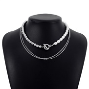 ( White K) newO buckle beads geometry chain  samll elegant retro temperament multilayer necklace