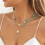( Gold )splice beads sequin tassel sun flower pendant retro clavicle chain occidental style imitate Pearl samll necklace