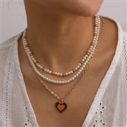 ( Gold) retro Pearl chain woman  multilayer fashion enamel love romantic temperament geometry necklace