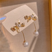 (EHgold   Silver needle)brief bow Pearl ear stud tassel samll temperament long style Pearl earrings Earring woman