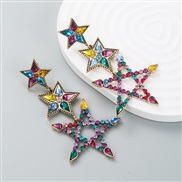 ( Color)occidental style fashion exaggerating Alloy color Rhinestone earrings Five-pointed star long style trend Street