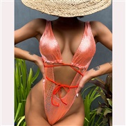 ( Orange)occidental style one-piece Swimsuit female sleeves occidental style belt Swimwear bikini