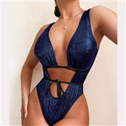 ( Dark blue)occidental style one-piece Swimsuit female sleeves occidental style belt Swimwear bikini