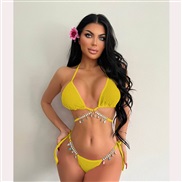 ( yellow)occidental style bikini pure color chain sexy woman Split  Swimsuit backless beltbikini