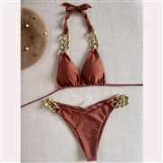 (F )bikini occidental style sexy Swimwear big gold chain belt pure color Split  Swimsuit