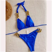 (F )bikini occidental style sexy Swimwear big gold chain belt pure color Split  Swimsuit