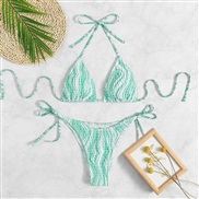 ( green)occidental style sexy triangle bag print rope beach bikini Swimwear