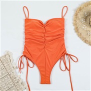 ( Orange)occidental style rope one-piece Swimsuit woman pure color wrinkle  sexy Sling bikini color