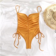 (Gold)occidental style rope one-piece Swimsuit woman pure color wrinkle  sexy Sling bikini color