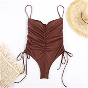 ( Dark brown)occidental style rope one-piece Swimsuit woman pure color wrinkle  sexy Sling bikini color