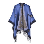 (130x150cm)( Navy blue)Korean style fashion Autumn and Winter shawl small fresh flowers knitting cardigan tassel slit w