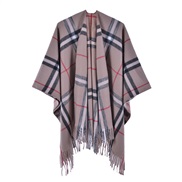 ( Brown)occidental style warm shawl lady spring slit tassel Stripe grid