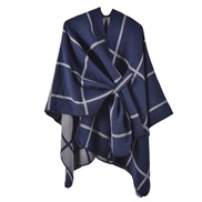 (130x150cm)( Navy blue)Autumn and Winter slit warm shawl occidental style classic grid belt cardigan