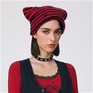 (  black  red )Autumn and Winter woolen hat  Stripe cat pure handmade knitting personality warm hedging