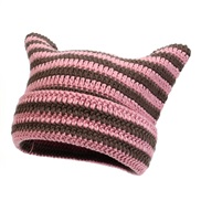 (  hide powder + Khaki)Autumn and Winter woolen hat  Stripe cat pure handmade knitting personality warm hedging