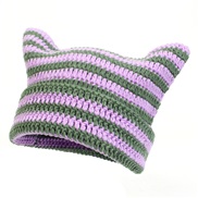 ( + Lilac colour)Autumn and Winter woolen hat  Stripe cat pure handmade knitting personality warm hedging