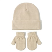 (M2-5 years old)(  Beige) knitting hat gloves set  all-Purpose pure color occidental style Autumn and Winter child wool
