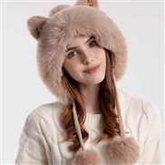 ( Beige)Winter lovely knitting woman cartoon cat hedging velvet thick warm hat
