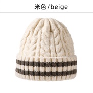 (M56-58cm)( Beige)hat man Korea thick retro twisted Stripe knitting wind warm woolen hat