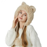 (M56-58cm)(   Beige) occidental style velvet thick knitting lovely cat three fashion woolen warm