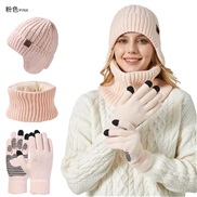 (M56-58cm)( Pink)Winter velvet knitting hat touch screen gloves warm set man Outdoor woolen