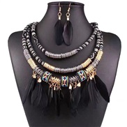 ( black ) fashion Bohemia noble wind elegant feather crystal all-Purpose temperament exaggerating necklace earrings wo