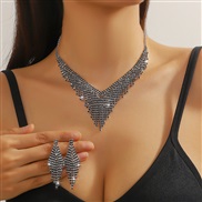 (JXTL21141  Black +White Diamond )  occidental style  black fully-jewelled Rhinestone necklace earrings set two