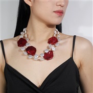 ( red)occidental style fashion retro  brief Pearl women necklace Double layer clavicle chain