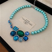 ( necklace  blue)diamond Irregular geometry Pearl set necklace occidental style fashion beads clavicle chain palace all