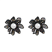 ( black)earrings trend occidental style earrings flowers Earring woman Alloy diamond embed Pearl flowers ear stud Stree