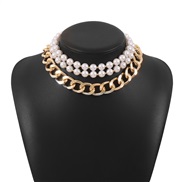 ( Gold)occidental style punk exaggerating chain necklace set woman  fashion personality geometry Pearl chain