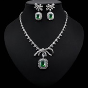 (green zircon )Korean style bride leisure woman bow pendant zircon earrings necklace set