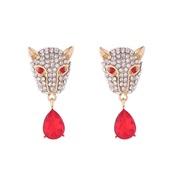( red)personality exaggerating leopard head drop pendant earrings Alloy diamond ear stud trend samll high Earring
