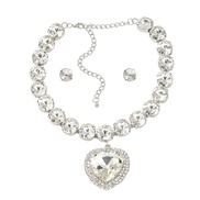 ( Silver)occidental style earrings necklace set woman Round glass diamond ear stud heart-shaped pendant bride banquet s