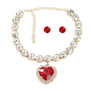 ( red)occidental style earrings necklace set woman Round glass diamond ear stud heart-shaped pendant bride banquet style