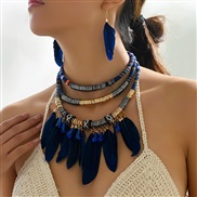 ( blue ) fashion Bohemia noble wind elegant feather crystal all-Purpose temperament exaggerating necklace earrings wom