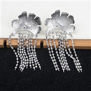 ( Silver)occidental style samll exaggerating personality petal flash diamond chain tassel earrings high long style earri