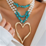 ( Gold 6 69)occidental style  exaggerating retro big love turquoise necklace woman  personality beads Peach heart imita