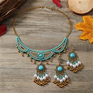 (blue gookin )occidental style fashion retro concise turquoise temperament exaggerating lady necklace earring lady set